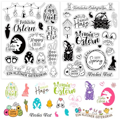 BETESSIN Silikon Stempel Ostern Deutsch 2Blatt Transparente Stempel Frohe Ostern Clear Stempel Osterhasen Frühling Stempelmotive für Kartenbasteln DIY Geschenk Scrapbooking von BETESSIN