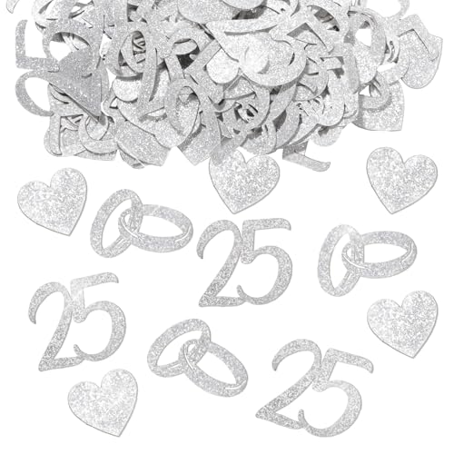BETESSIN Streudeko Silberhochzeit Glitzer - 100 Stück Silber Hochzeit Konfetti mit 25, Ringe, Herz Motiven - Silberhochzeit Tischdeko für das 25. Jubiläum, 25. Hochzeitstag uvm. von BETESSIN