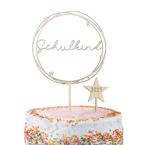 BETESSIN Tortendeko Einschulung Holz - Schulkind 2025 Cake Topper im Sternen Stil - Kuchendekoration zum Schulanfang - Einschulung Deko für Mädchen und Jungen von BETESSIN