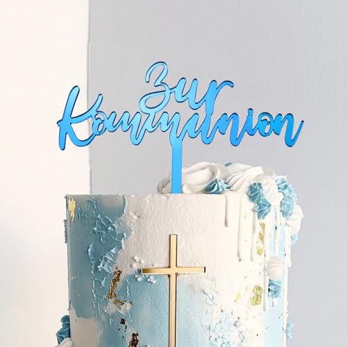 BETESSIN Tortendeko Kommunion Junge Blau - Zur Kommunion Tortenstecker aus Acryl - Erstkommunion Cake Topper - Kommunion Deko für Junge & Mädchen von BETESSIN