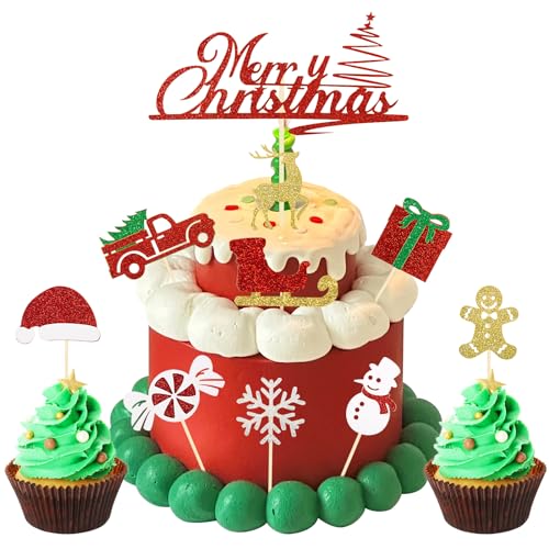 BETESSIN Weihnachten Cake Topper 10pcs Merry Christmas Kuchendeko Glitzer Kuchen Topper mit Holzstab Weihnachtsbaum Party Tortendeko für Cupcake Kuchen Muffins Weihnachtsfeier von BETESSIN