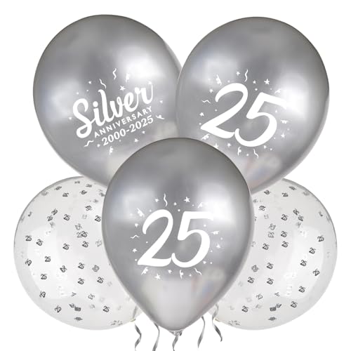 BTESSIN 24 Stück Silberhochzeit Luftballons in 3 Stilen - inkl. Silber Metallic Ballons, Ballons mit der Zahl 25 und Konfetti-Ballons für das 25. Jubiläum, 25. Geburtstag, Silberhochzeit Deko uvm. von BETESSIN