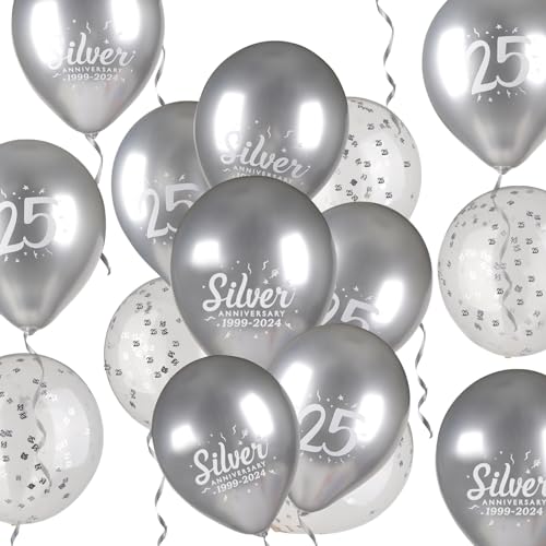 BTESSIN 24 Stück Silberhochzeit Luftballons in 3 Stilen - inkl. Silber Metallic Ballons, Ballons mit der Zahl 25 und Konfetti-Ballons für das 25. Jubiläum, 25. Geburtstag, Silberhochzeit Deko uvm. von BETESSIN