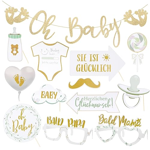 Babyparty Deko Set Oh Baby Girlande Deko Banner Gold und 12 Pcs Babyparty Fotorequisiten für Baby Shower Babydusche Gender Reveal Party usw. Babyparty Deko Set Oh Baby Girlande Deko Banner Gold und 12 Pcs Babyparty Fotorequisiten für Baby Shower Babydusche Gender Reveal Party usw. von BETESSIN