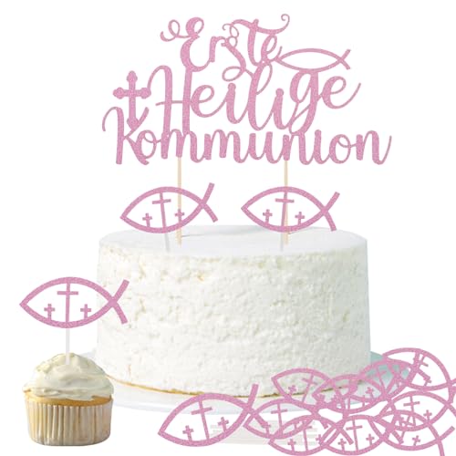 Erste Heilige Kommunion Tortenstecker Rosa und 10 Pcs Fische Cake Toppers Erstkommunion Tortendeko Papier Kuchendekoration für Erstkommunion Mädchen Communion Konfirmation usw. von BETESSIN