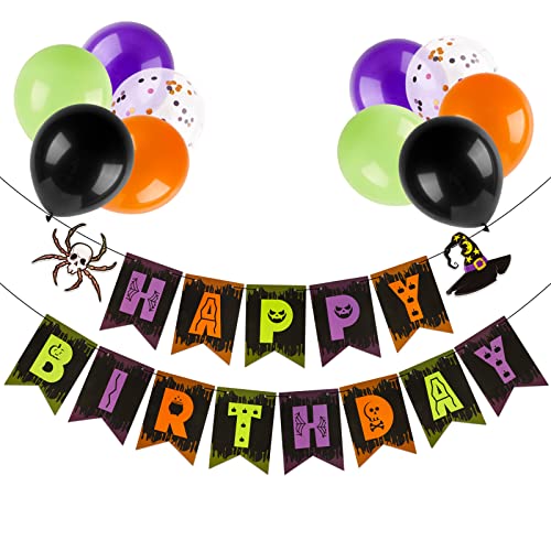 Geburtstagsdeko Halloween Happy Birthday Girlande Deko Banner Papier mit 10 Pcs Luftballons ( 12 Zoll ) Hänge Deko für Halloween Geburtstag Party Junge und Mädchen usw. von BETESSIN