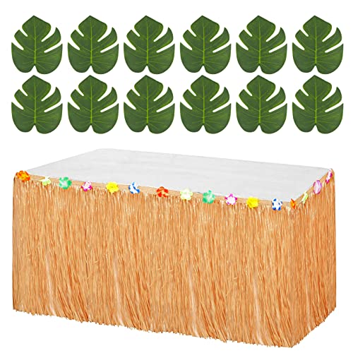 Hawaii Party Tischröcke 276x75cm Gras Tischrock und 12 Pcs Künstliche Palmenblätter Tisch Ornamente Hawaii Tischdekoration für Strandparty Tropische Sommer Party Luao Party Poolparty Aloha Party usw. von BETESSIN