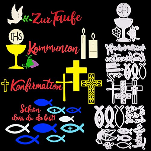 Kommunion Stanzschablonen Set Konfirmation Kommunion Zur Taufe Schön dass du da bist Schriften und Fische Kreuz usw. Motive Stanzformen Schablone für Scrapbooking Handwerk DIY Grußkarten usw. von BETESSIN