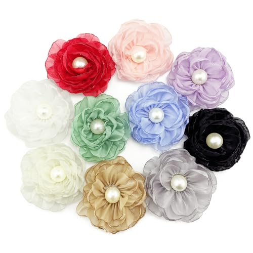 BETITETO Stoffblumen, 6 cm, flache Rückseite, Perlen, glänzend, Chiffon, Blumen-Applikationen zum Nähen, Kleidung, Stirnbänder, Party, Hochzeit, Abschlussfeier, Dekoration, Geschenkverpackung, Basteln von BETITETO