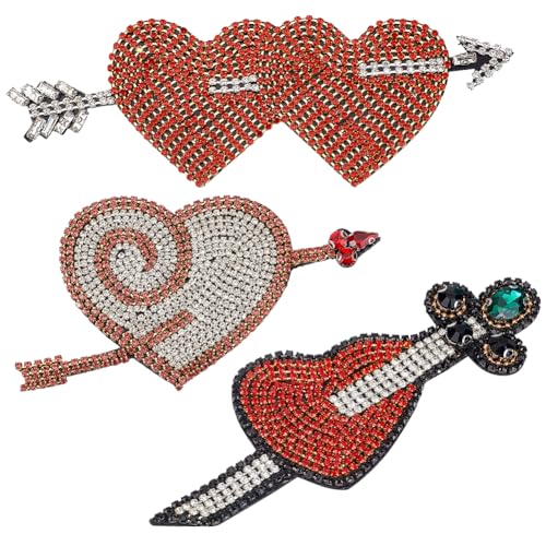 BEUNITONE 3 x Herz-Strass-Flicken mit roten Herzen, Perlen, dekorative Applikation, Aufnäher, DIY-Aufkleber, Zubehör für Kleidung, Hut, Jacke, Taschen, Rucksäcke, 15 x 6,3 cm von BEUNITONE