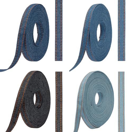 BEUNITONE 4 Rollen Jeansband zum Nähen, Basteln und Geschenkverpackungen, jede Rolle 496 x 0,9 cm (Länge x Breite), genug Stoffbänder für DIY-Projekte von BEUNITONE