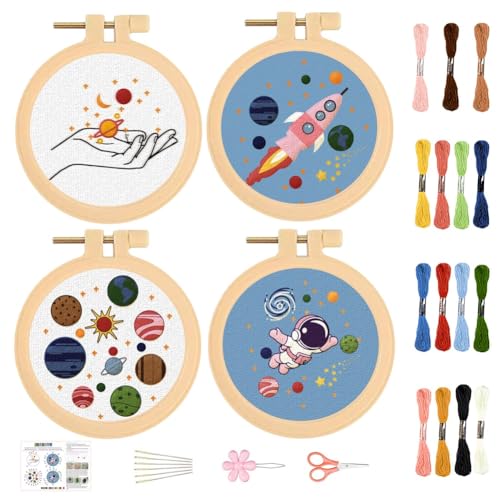 BEUNITONE 4-teiliges Universum-Stickset, Rakete, Kreuzstich-Set, Planet, Astronauten, Nadelspitzen-Set, DIY, Erwachsene, Anfänger, geprägt mit Mustern und Anleitung (evtl. nicht in deutscher Sprache), von BEUNITONE