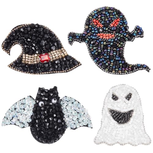 BEUNITONE 4 x Halloween-Perlenaufnäher, Kristall-Halloween-Elemente, handgefertigte Fledermaus-Hexenhut, Geist-Aufnäher für selbstgemachte Kleidung, Hosen, Hüte, Socken, Jeans, Jacken, Schuhe BEUNITONE 4 x Halloween-Perlenaufnäher, Kristall-Halloween-Elemente, handgefertigte Fledermaus-Hexenhut, Geist-Aufnäher für selbstgemachte Kleidung, Hosen, Hüte, Socken, Jeans, Jacken, Schuhe von BEUNITONE