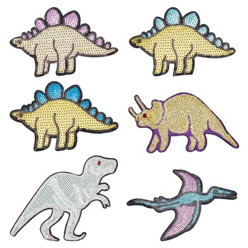 BEUNITONE 6 Stück Dinosaurier Stickerei Patchwork Applikation Süßes Tier Applikationsset Verschiedene Größen Dekoration Sport Aufnäher/Bügelapplikation Für Kleidung Kleider Hüte Jeans DIY Zubehör von BEUNITONE