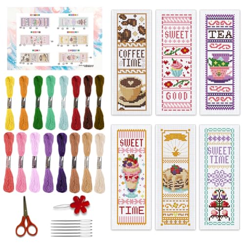 BEUNITONE 6-teiliges Kreuzstich-Lesezeichen-Set für Anfänger, Motiv: Kaffee und süße Zeit, Handstickerei-Set mit Anleitung (evtl. nicht in deutscher Sprache), Tee-Stickerei, Lesezeichen, handgefertigt von BEUNITONE