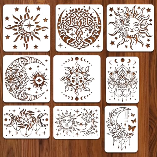 BEUNITONE 9 Stück PET-Mond-Schablonen für Wandmalerei, Mandala, Mond, Baum des Lebens, Lotusblüte, Malschablonen, wiederverwendbare Vorlagen, Mandala, Mond, Blume, Schablonen für Malerei, Holz BEUNITONE 9 Stück PET-Mond-Schablonen für Wandmalerei, Mandala, Mond, Baum des Lebens, Lotusblüte, Malschablonen, wiederverwendbare Vorlagen, Mandala, Mond, Blume, Schablonen für Malerei, Holz von BEUNITONE