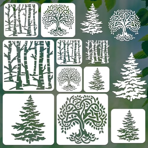 BEUNITONE 9 x PET-Baum-Schablonen für Wandmalerei, Birke, Kiefer, Lebensbaum, Malschablonen zum Malen auf Holz, Fenster, Heimdekoration von BEUNITONE