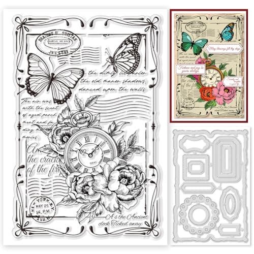 BEUNITONE Butterfly Clear Stamps and Stanzformen Set Vintage Silikon Clear Stamp for Card Making Retro Flower Cut Dies & Stamp Painting Stencils Transparent for DIY Embossing Scrapbooking Paper BEUNITONE Butterfly Clear Stamps and Stanzformen Set Vintage Silikon Clear Stamp for Card Making Retro Flower Cut Dies & Stamp Painting Stencils Transparent for DIY Embossing Scrapbooking Paper von BEUNITONE