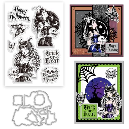 BEUNITONE Halloween-Elfen-Stempel- und Stanzform-Set, Teufelsmädchen, transparenter Stempel, Rahmen, Stanzformen für DIY, Scrapbooking, Halloween, Silikonstempel, Prägeschablonen für Kartenherstellung BEUNITONE Halloween-Elfen-Stempel- und Stanzform-Set, Teufelsmädchen, transparenter Stempel, Rahmen, Stanzformen für DIY, Scrapbooking, Halloween, Silikonstempel, Prägeschablonen für Kartenherstellung von BEUNITONE
