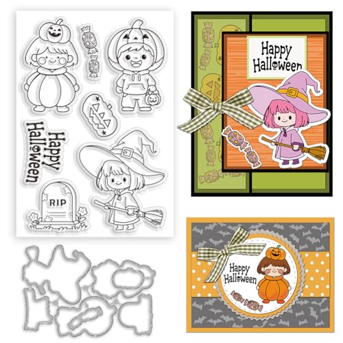BEUNITONE Halloween-Themen-Stempel- und Stanzform-Set, transparenter Stempel, Rahmen, Stanzformen für DIY, Scrapbooking, Kürbis-Silikonstempel, Prägeschablonen für Papierkarten, Alben von BEUNITONE