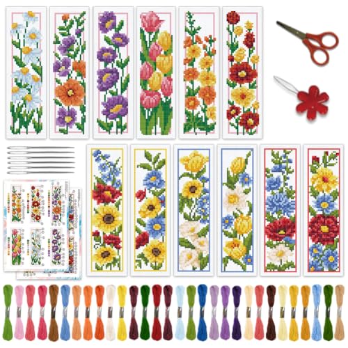 BEUNITONE Kreuzstich-Lesezeichen-Set mit Blumenmuster, für Anfänger, mit Anleitung (evtl. nicht in deutscher Sprache), geprägte Stickerei-Lesezeichen, 20,2 x 6,2 cm, für Erwachsene, Anfänger von BEUNITONE