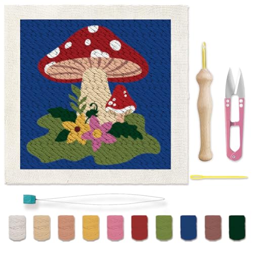 BEUNITONE Pilz-Stanznadel-Stickerei-Starter-Kits, Pilz-Stickset für Anfänger, Blumenstanz-Set für Erwachsene, mit Anleitung (evtl. nicht in deutscher Sprache), 24,9 x 24,9 cm, DIY-Nadelspitzen-Set für von BEUNITONE