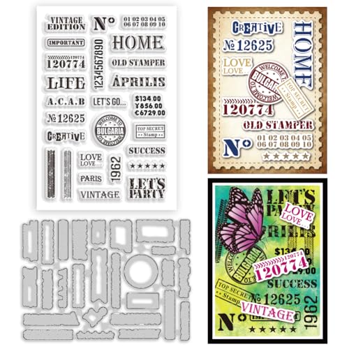 BEUNITONE Retro Etikettenstempel Schablone und Stanzset für DIY Kartenherstellung Scrapbooking Dekor 10,9 x 16 cm Vintage Wörter Hintergrund Transparente Stempel Siegel für Album Notebook von BEUNITONE