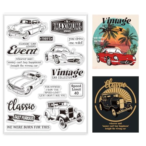 BEUNITONE Vintage Auto Clear Stamps Silikon Stempel für Karten Herstellung Retro Autos Muster Transparente Siegelstempel für Urlaub Kartenherstellung Dekoration Wort Gummistempel Dekor Papierstempel von BEUNITONE