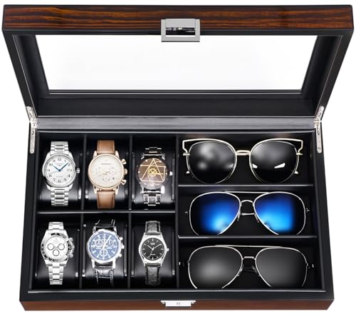 BEWISHOME Uhrenbox mit 6 Fächern, 3 Fächern, Sonnenbrillen-Box, Reiseetui für Uhren und Sonnenbrillen mit Glasdeckel, Uhren-Organizer für Herren, Uhren-Aufbewahrungsbox, Schmuckschatulle für Herren BEWISHOME Uhrenbox mit 6 Fächern, 3 Fächern, Sonnenbrillen-Box, Reiseetui für Uhren und Sonnenbrillen mit Glasdeckel, Uhren-Organizer für Herren, Uhren-Aufbewahrungsbox, Schmuckschatulle für Herren von BEWISHOME