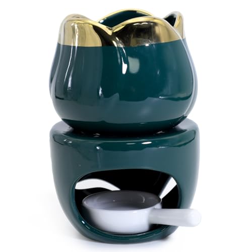 BEYLAB Duftlampe Keramik Teelicht für ätherische Öle, Wachsschmelzbrenner mit Kerzenlöffel, Design Aroma-Teelichthalter, Stövchenfür, Duftöl und Duftwachs - dunkelgrün von BEYLAB