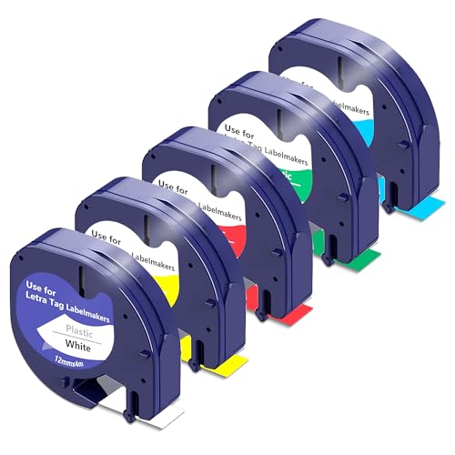 BEYONDTEK Kompatibel mit Dymo LetraTag Etikettenband 12 mm 4 m Weiß/Gelb/Rot/Grün/Blau Ersatz für Dymo Etikettenband LetraTag LT-100H LT-100T QX50, 91221 91222 91223 91224 91225, 5er-Pack von BEYONDTEK