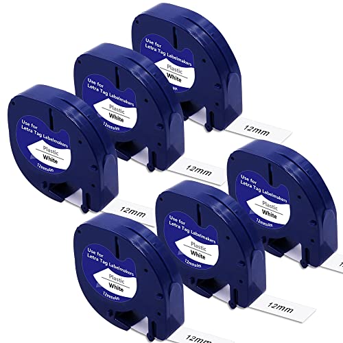 BEYONDTEK Kompatibel Dymo LetraTag Etikettenband 12mm 4m Schwarz auf Weiß Dymo Etikettenband für DYMO Letra Tag Beschriftungsgerät LT-100H LT-110T QX50 XR XM 200B Etikettenband, 6-Pack von BEYONDTEK