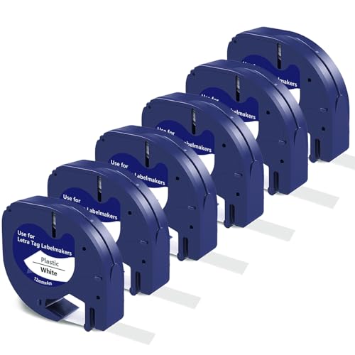 Kompatibel Dymo LetraTag Etikettenband 12mm x 4m Schwarz auf Weiß Dymo Beschriftungsband für DYMO Beschriftungsgerät LT-100H LT-110T QX50 XR XM 200B Etikettenband, 6-Pack von BEYONDTEK