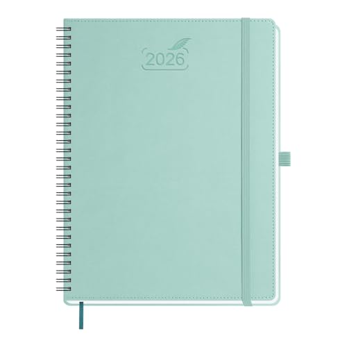 BEZEND Kalender 2026 Buchkalender Ringbuch ca.A4 28,5 x 21,5 cm | Terminplaner 2026 1 Woche 2 Seiten mit Monats-Register | Planer & Terminkalender 2026 A4 mit PU-Leder Softcover - Mintgrün von BEZEND