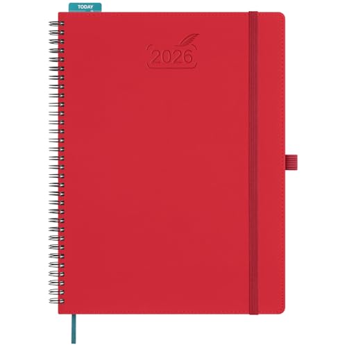 BEZEND Kalender 2026 Buchkalender Ringbuch ca.A4 28,5 x 21,5 cm | Terminplaner 2026 1 Woche 2 Seiten mit Monats-Register | Planer & Terminkalender 2026 A4 mit PU-Leder Softcover - Rot von BEZEND