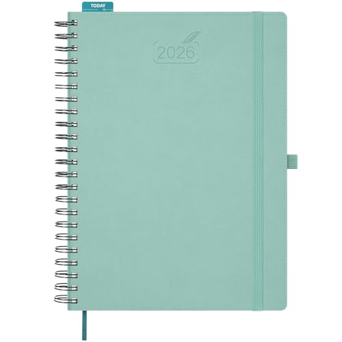 BEZEND Kalender 2026 Tagesplaner A4 Ringbuch, 1 Tag 1 Seite mit 4 Spalten - 15 Min Takt Terminplaner (Jan - Dez 2026), Wochenzeit- & Monatsplan, PU-Leder Softcover mit Froschtasche, Mintgrün von BEZEND