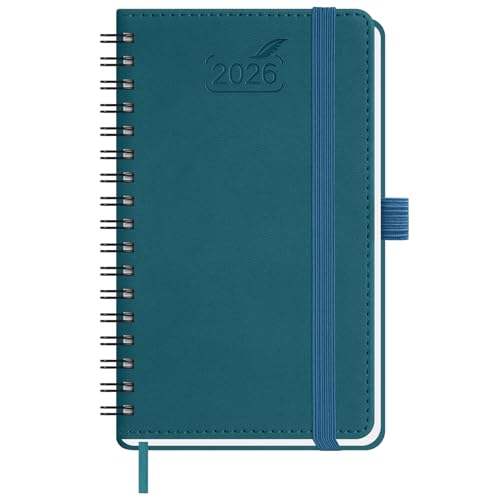 BEZEND Taschenkalender 2026 Klein Ringbuch 15,5 x 9 cm | Kalender 2026 Buchkalender 1 Woche 2 Seiten mit 80 g/m² Papier | Terminplaner 2026 Wochenplaner A6 mit PU-Leder Softcover - Dunkelgrün von BEZEND