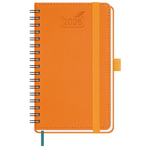 BEZEND Taschenkalender 2026 Klein Ringbuch 15,5 x 9 cm | Kalender 2026 Buchkalender 1 Woche 2 Seiten mit 80 g/m² Papier | Terminplaner 2026 Wochenplaner A6 mit PU-Leder Softcover - Orange von BEZEND