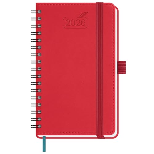 BEZEND Taschenkalender 2026 Klein Ringbuch 15,5 x 9 cm | Kalender 2026 Buchkalender 1 Woche 2 Seiten mit 80 g/m² Papier | Terminplaner 2026 Wochenplaner A6 mit PU-Leder Softcover - Rot von BEZEND