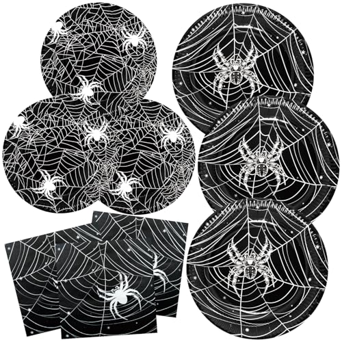 BFB Halloween Pappteller Set 48 Stück Schwarz Spinnennetz Dessertteller und Papierteller Servietten Partygeschirr Set Tischdekoration Geschirrdekoration BFB Halloween Pappteller Set 48 Stück Schwarz Spinnennetz Dessertteller und Papierteller Servietten Partygeschirr Set Tischdekoration Geschirrdekoration von BFB