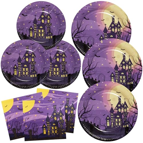 BFB Halloween Pappteller Set 48 Stück Spukhaus Dessertteller und Papierteller Servietten Partygeschirr Set Tischdekoration Geschirrdekoration, Lila BFB Halloween Pappteller Set 48 Stück Spukhaus Dessertteller und Papierteller Servietten Partygeschirr Set Tischdekoration Geschirrdekoration, Lila von BFB