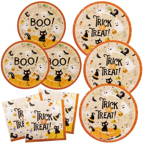 BFB Halloween Pappteller Set 48 Stück Süßes oder Saures Dessertteller und Papierteller Servietten Partygeschirr Set Tischdekoration Geschirrdekoration BFB Halloween Pappteller Set 48 Stück Süßes oder Saures Dessertteller und Papierteller Servietten Partygeschirr Set Tischdekoration Geschirrdekoration von BFB
