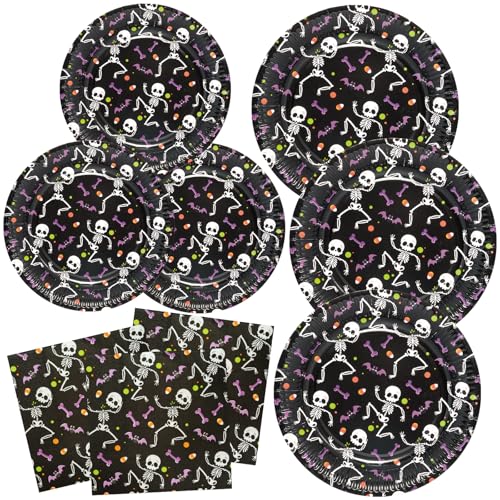 BFB Halloween Skelett Pappteller Set 48 Stück Schwarz Dessertteller und Papierteller Servietten Partygeschirr Set Tischdekoration Geschirrdekoration BFB Halloween Skelett Pappteller Set 48 Stück Schwarz Dessertteller und Papierteller Servietten Partygeschirr Set Tischdekoration Geschirrdekoration von BFB