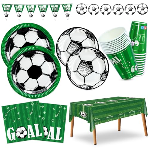 Pappteller, Servietten, Pappbecher, Tischdecke Fußball Partygeschirr Set Fußballparty von BFB