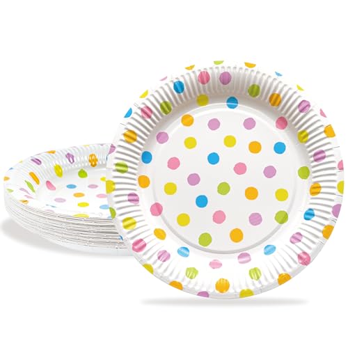 BFB Pappteller Set 24 Stück 23cm Papierteller Partyteller Multicolor Gepunkte für Kindergeburtstagsparty, Zurück in die Schule, Geschirrdekoration von BFB