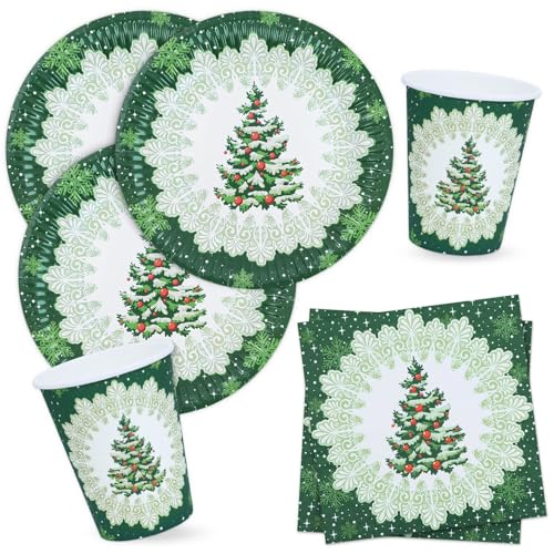 BFB Weihnachten Pappteller Servietten und Pappbecher Set Grün Weihnachtsbaum für 16 Personen Weihnachtsgeschirr von BFB