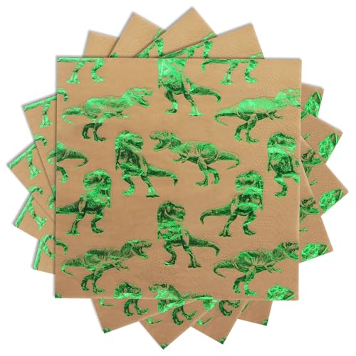 Dinosaurier Party Servietten 50 Stück Papierservietten Grün Goldfolie für Kindergeburtstag 33 x 33 cm Serviette Kinderfeste Dino-party von BFB