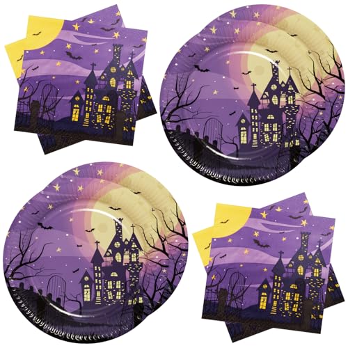 Halloween Pappteller Set 40 Stück Spukhaus Papierteller Servietten Partygeschirr Set Tischdekoration Geschirrdekoration, Lila von BFB