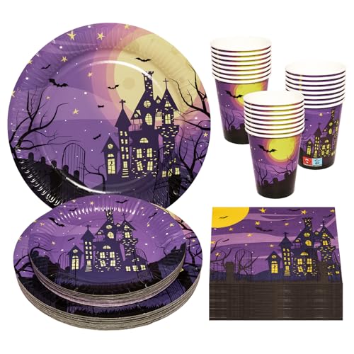 Halloween Spukhaus Pappteller, Servietten, Pappbecher, Dessertteller Set 96 Stück Partygeschirr Set Tischdekoration Geschirrdekoration for Halloween, Lila Halloween Spukhaus Pappteller, Servietten, Pappbecher, Dessertteller Set 96 Stück Partygeschirr Set Tischdekoration Geschirrdekoration for Halloween, Lila von BFB