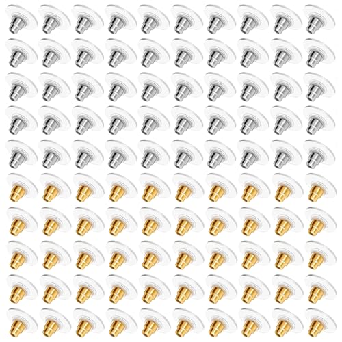 100 Stück Ohrstecker Verschlüsse in KC Gold und Weiß,Shrringverschlüsse Silikon Ohrring Stopper für Damen,Ideal Ohrstecker Stecker für Ohrringe Hinten,Ohrringverschluss Sicherheit für alle Anhänger von BFUZXY